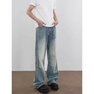 Riolio Blue Men Jeans High Waist Vintage 2000s Straight Baggy Denim Pants Streetwear Y2K American Style Fashion Wide Leg Denim Trouser